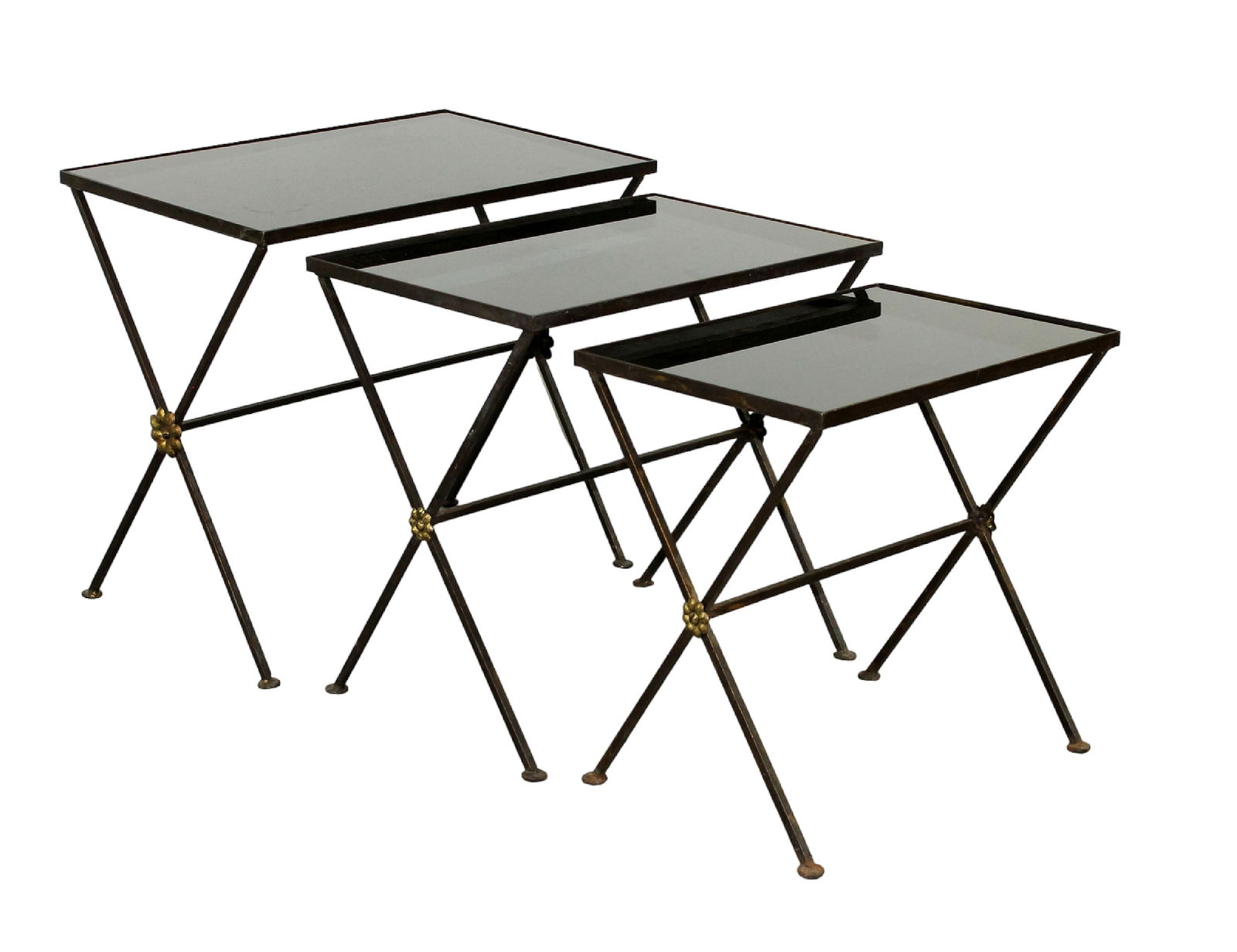 Nest of 3 French mid century iron and glass side tables (1 of 7)