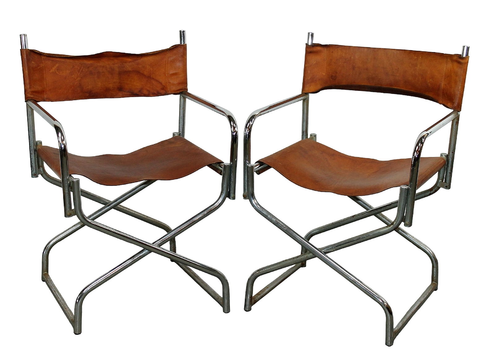 Pair French steel & leather folding campaign chairs (1 of 9)