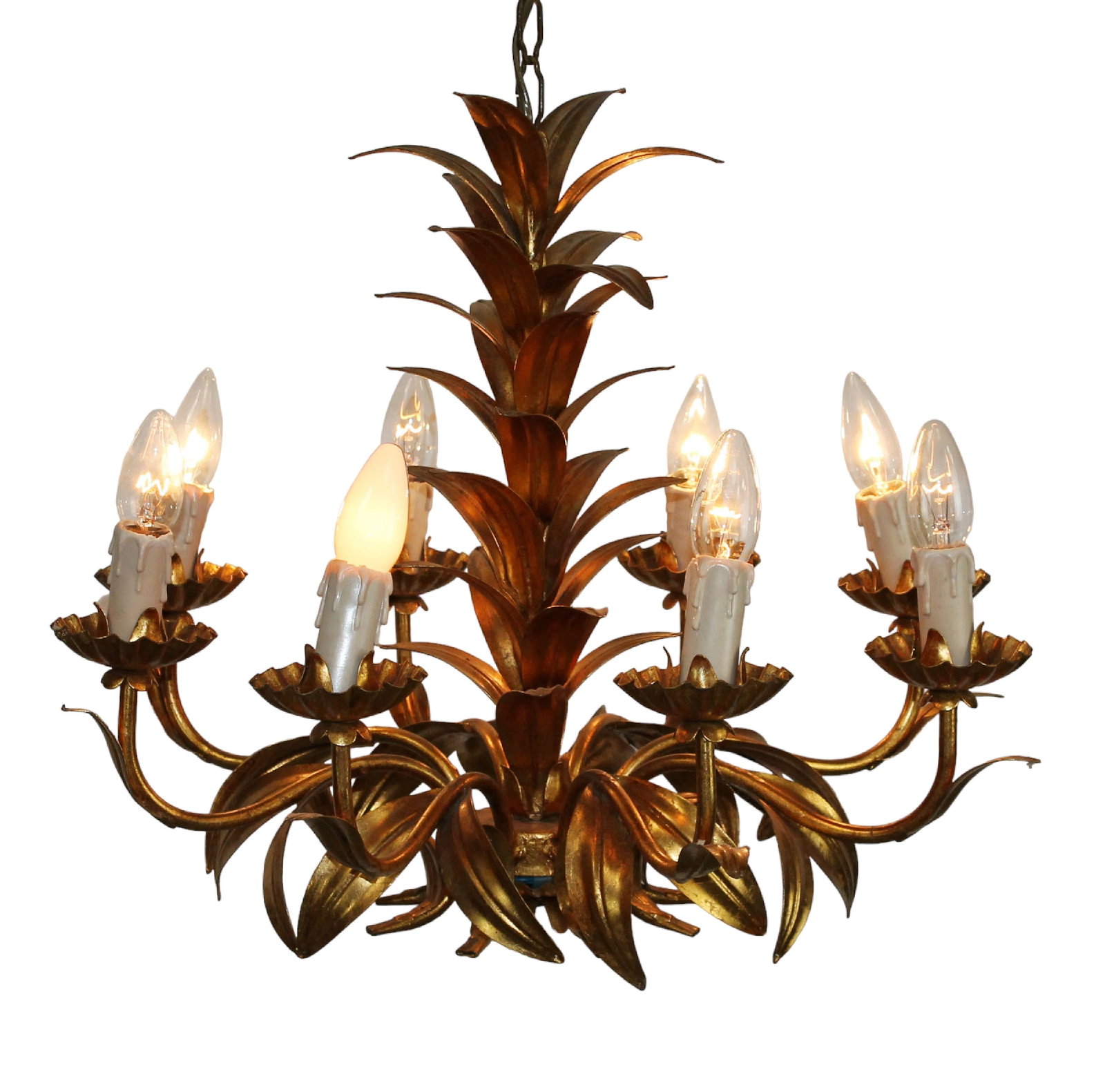 French gilt metal 8-arm chandelier: French gilt metal 8-arm chandelier. 18 1/2"h x 22 1/2" dia overall