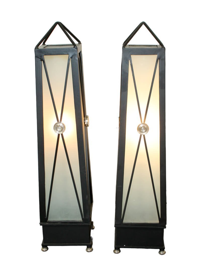 Pair black iron obelisk form lanterns: Pair black iron obelisk form lanterns. Modern. 29 1/2"h x 6 3/4" square