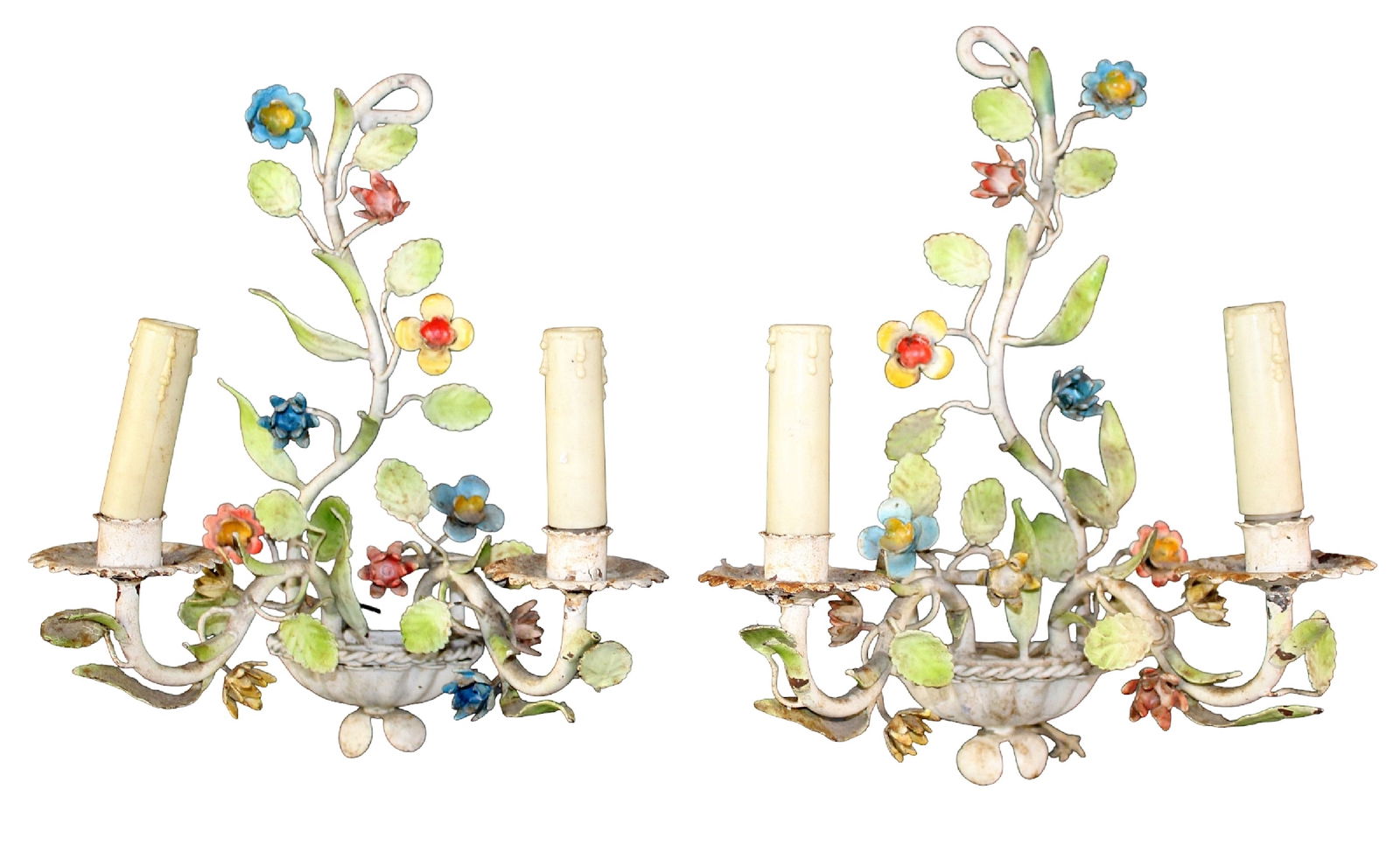 Pair of Italian tole painted iron 2-arm sconces with flowers (1 of 4)