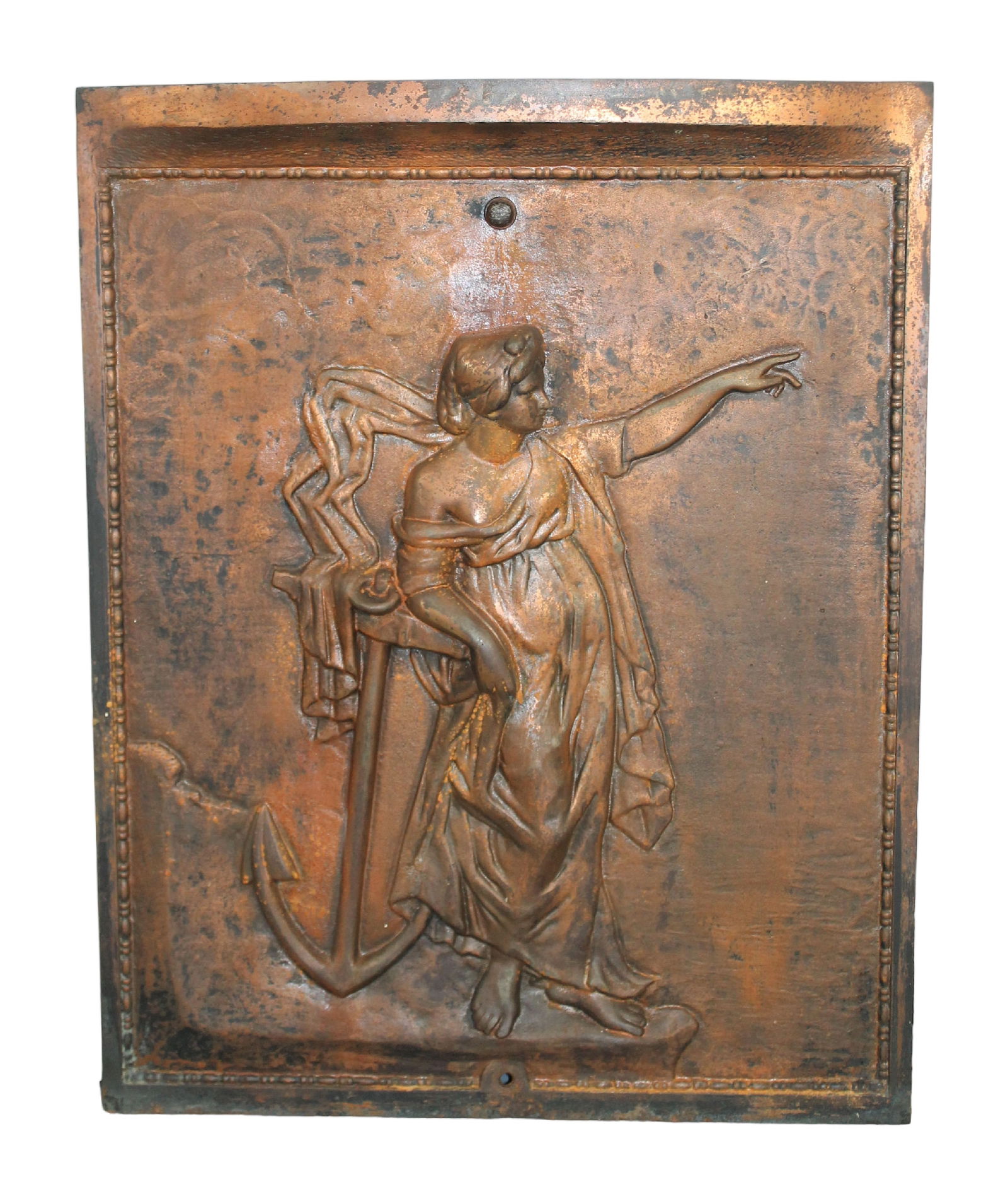 Figural embossed cast iron fireplace door with Hope in relief (1 of 6)