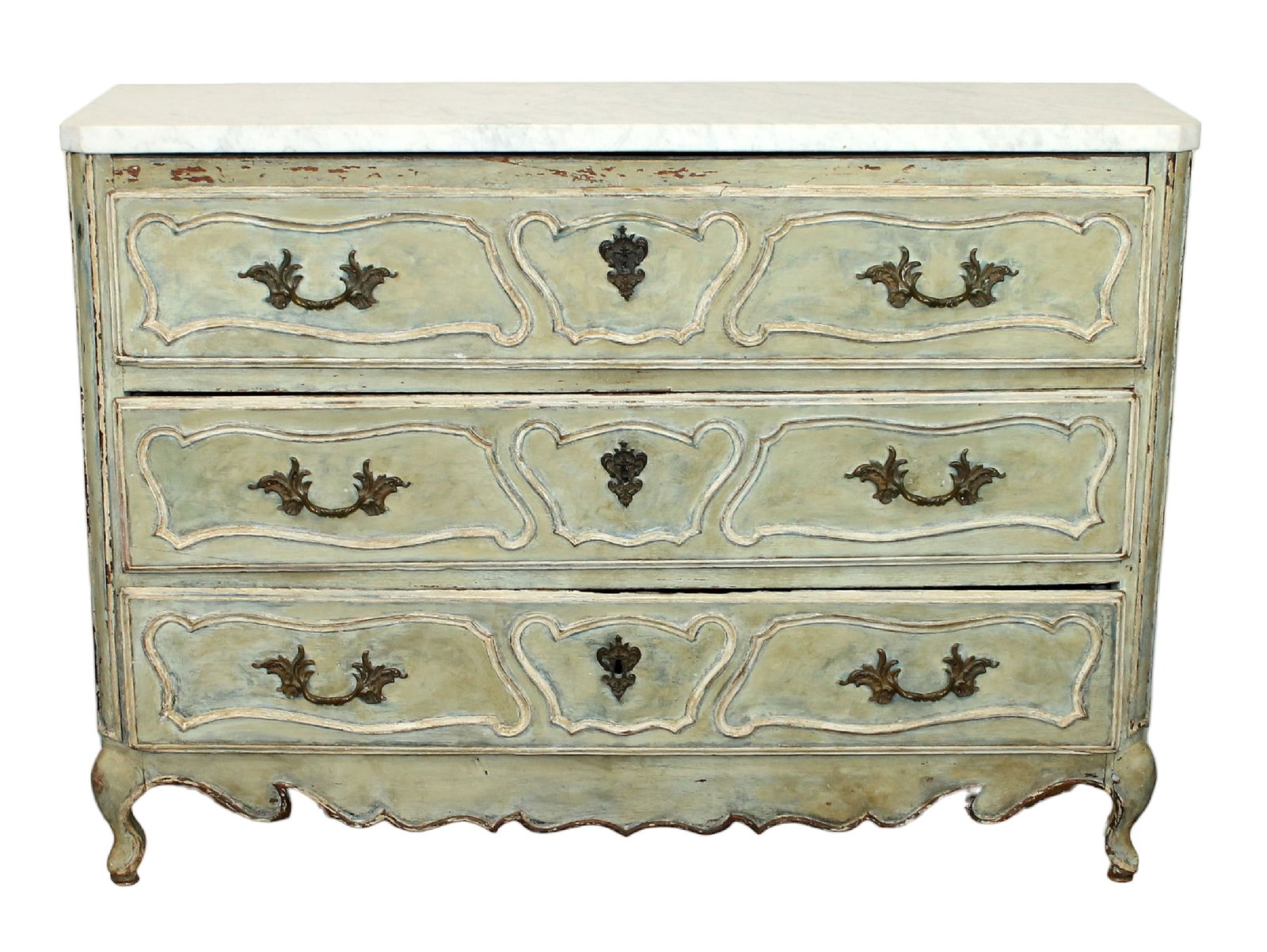 French Louis XV narrow 3 drawer commode with marble top: French Louis XV style narrow 3 drawer commode with marble top. 19th century. 35"h x 48"w x 14 1/4"d