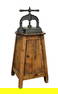 French cast iron book press mounted on rustic pine cabinet