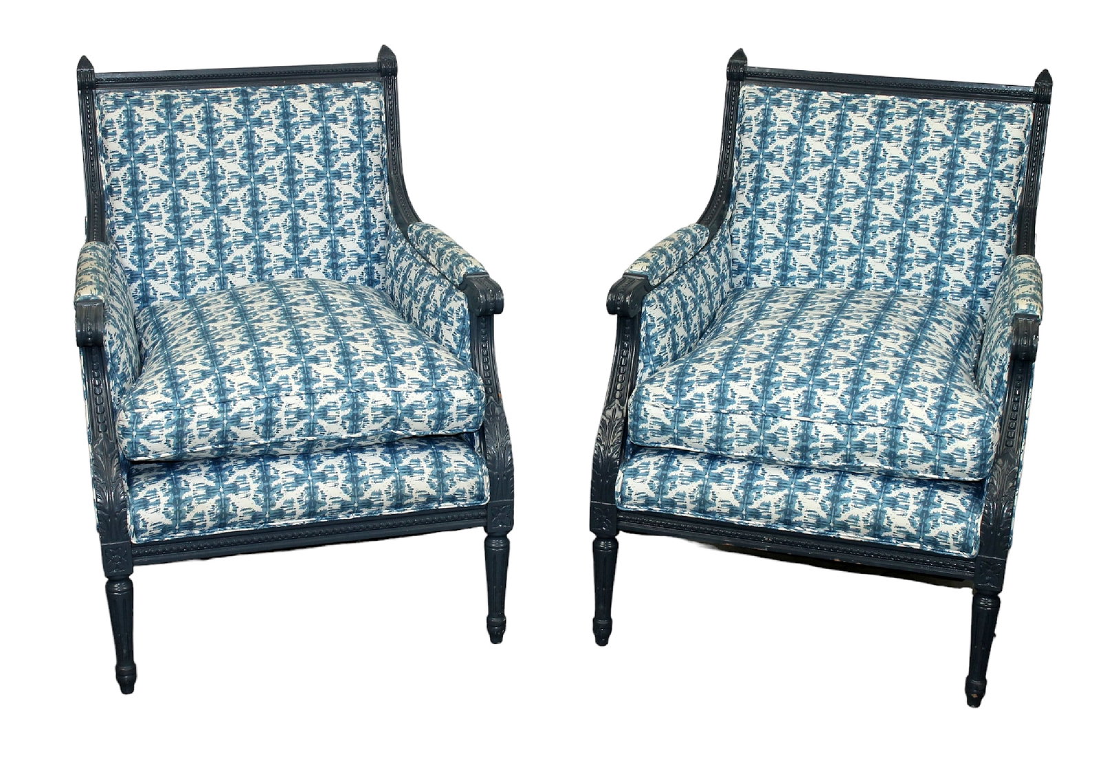Pair of French Louis XVI style painted blue bergere chairs: Pair of French Louis XVI style painted blue bergere armchairs. 35"h x 26 1/4"w x 25 1/2"d