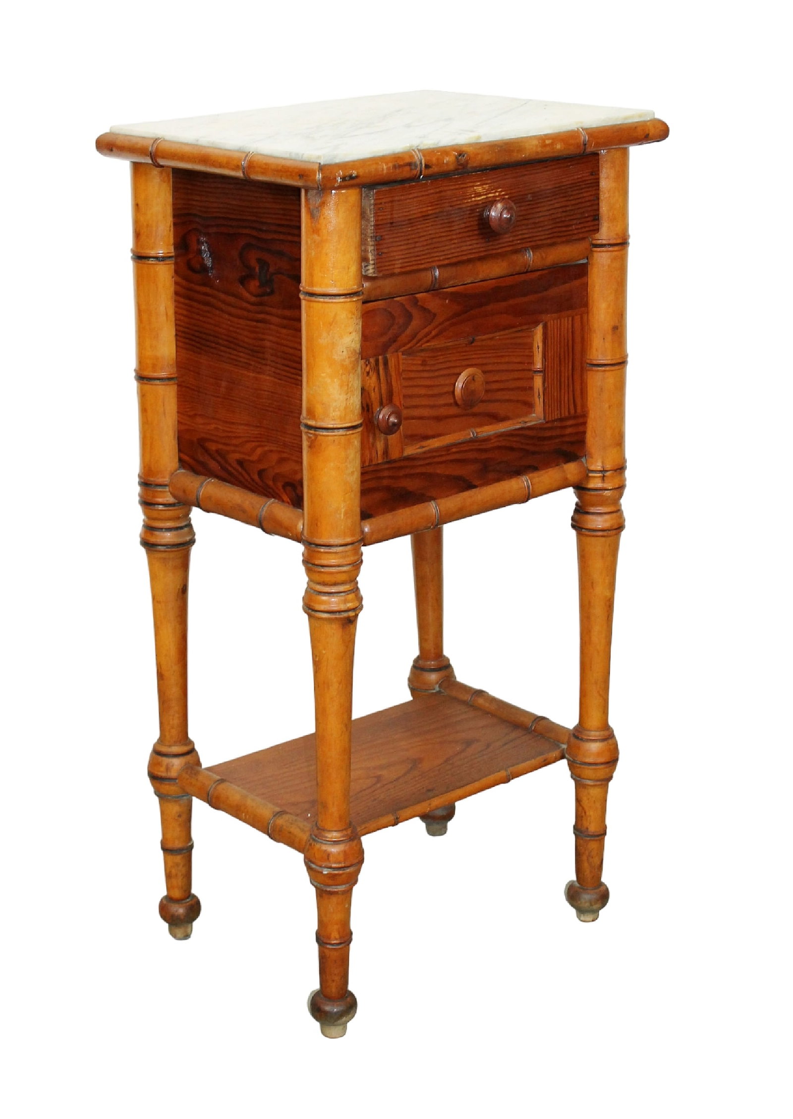French faux bamboo pine nightstand with marble top: French faux bamboo pine nightstand with marble top. Early 20th century. 32"h x 16"w x 12 1/2"d