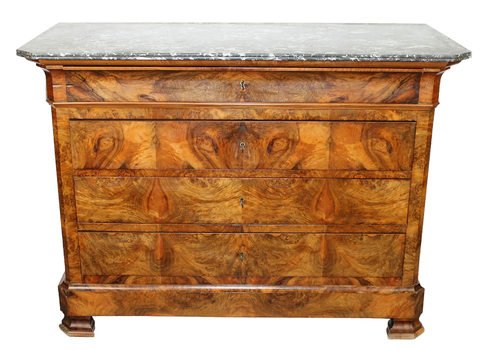 French Louis Philippe commode in burled walnut with marble top: French Louis Philippe commode in burled walnut with marble top . 37"h x 46"w x 21 1/2"d