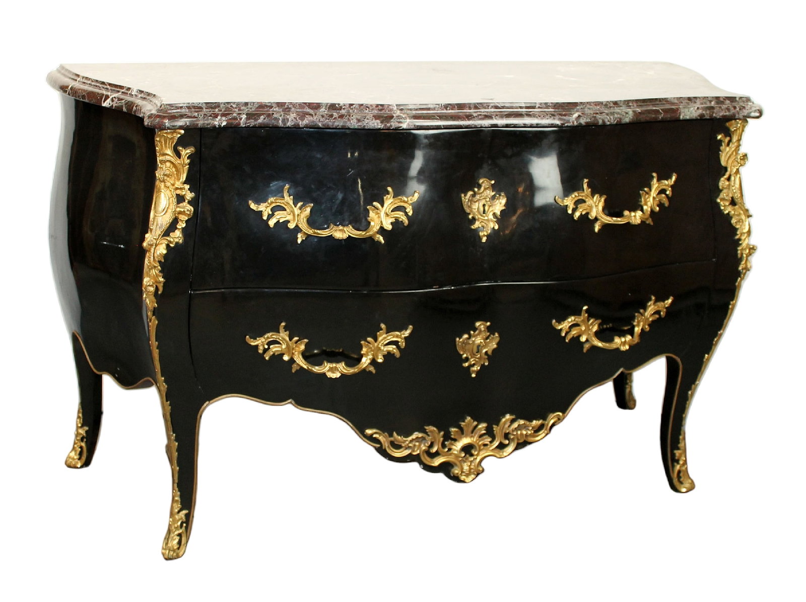 French Louis XV ebonized bombe 2 drawer commode with ormolu mounts: French Louis XV ebonized bombe 2 drawer commode with ormolu mounts and marble top. 34 1/2"h 58"w x 23 1/4"d