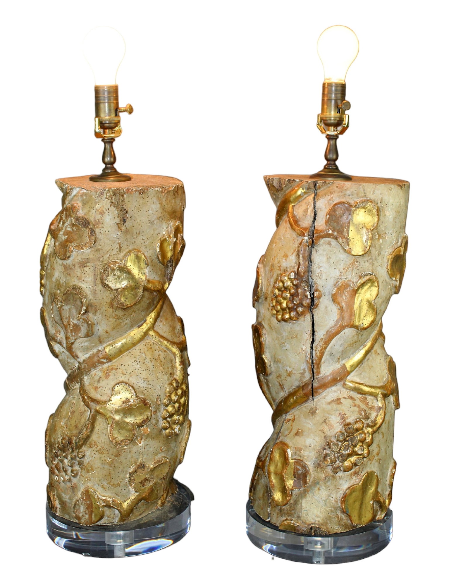 Pair of Italian relief carved polychrome fragment lamps: Pair of Italian relief carved polychrome barley twist fragment lamps. 19th century fragments later mounted as lamps on acrylic plinths. 27 3/4" H (w/o bulb) x 9" Diameter at base