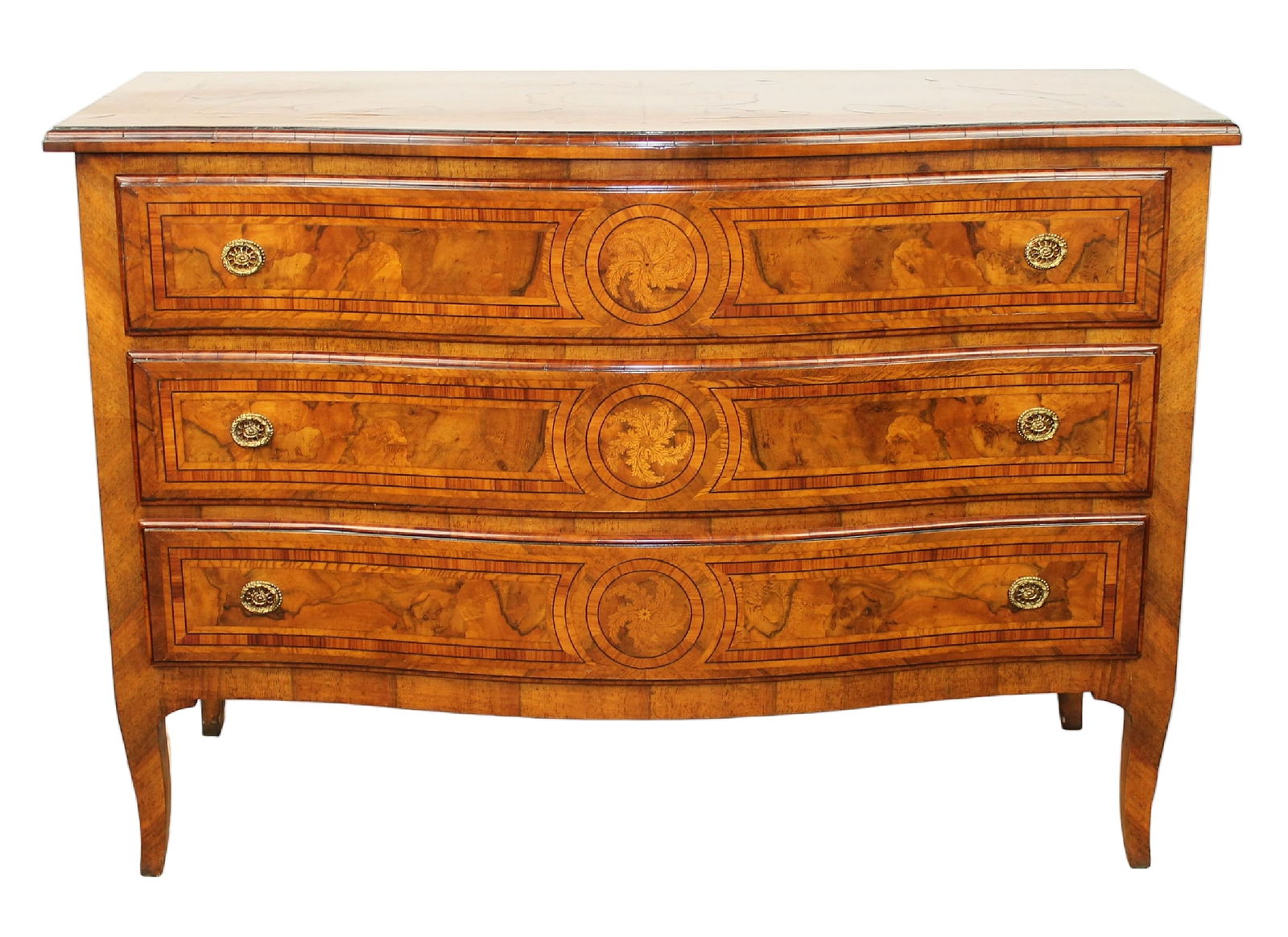 Italian serpentine front marquetry commode.: Italian serpentine front marquetry commode. Mid 20th century. 34 1/2"h x 51"w x 22"d