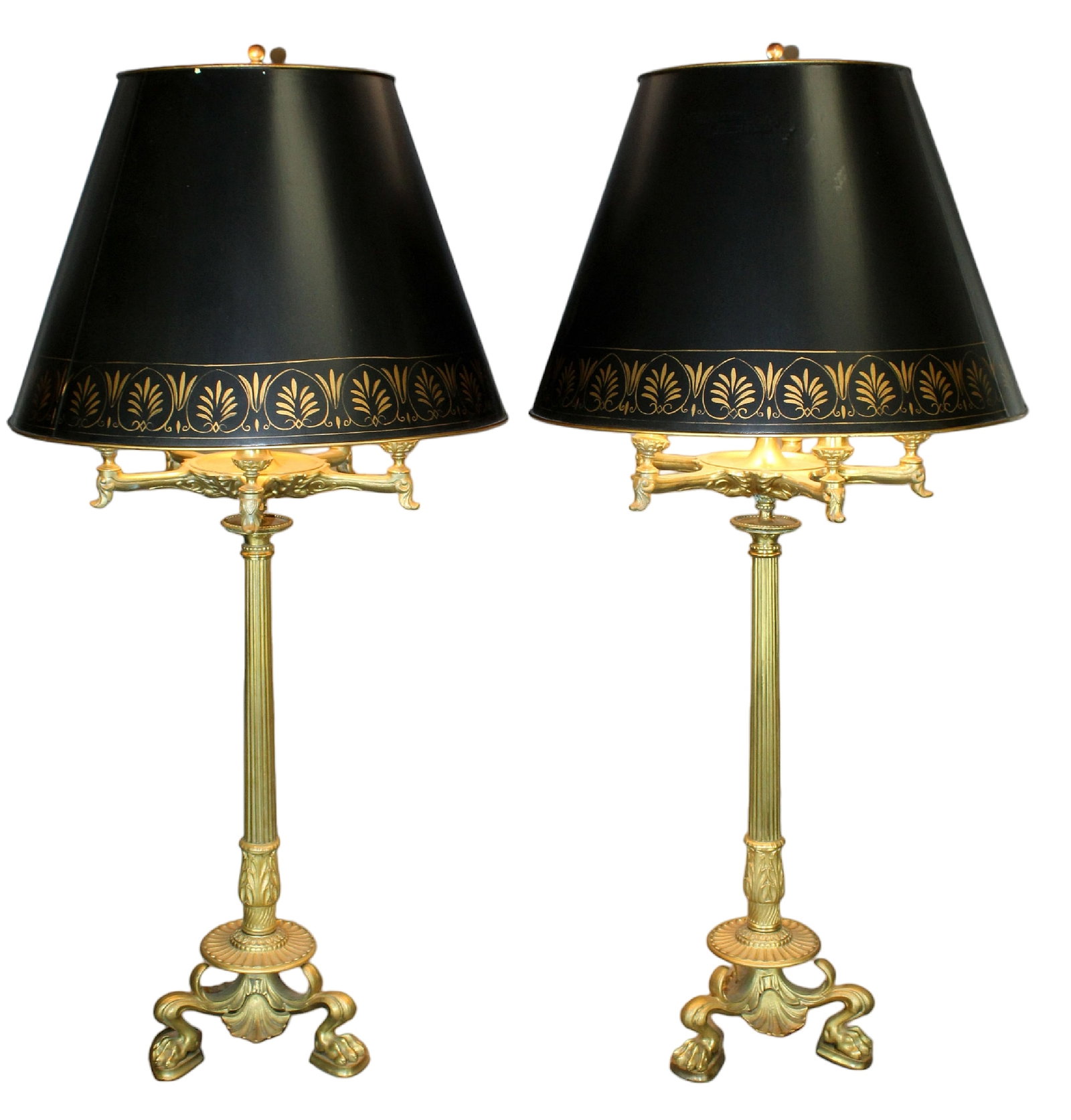 Pair of French bronze candelabra lamps with tole shades: Pair of French bronze candelabra lamps with tole shades. 36 1/4" H x 17 1/4" D