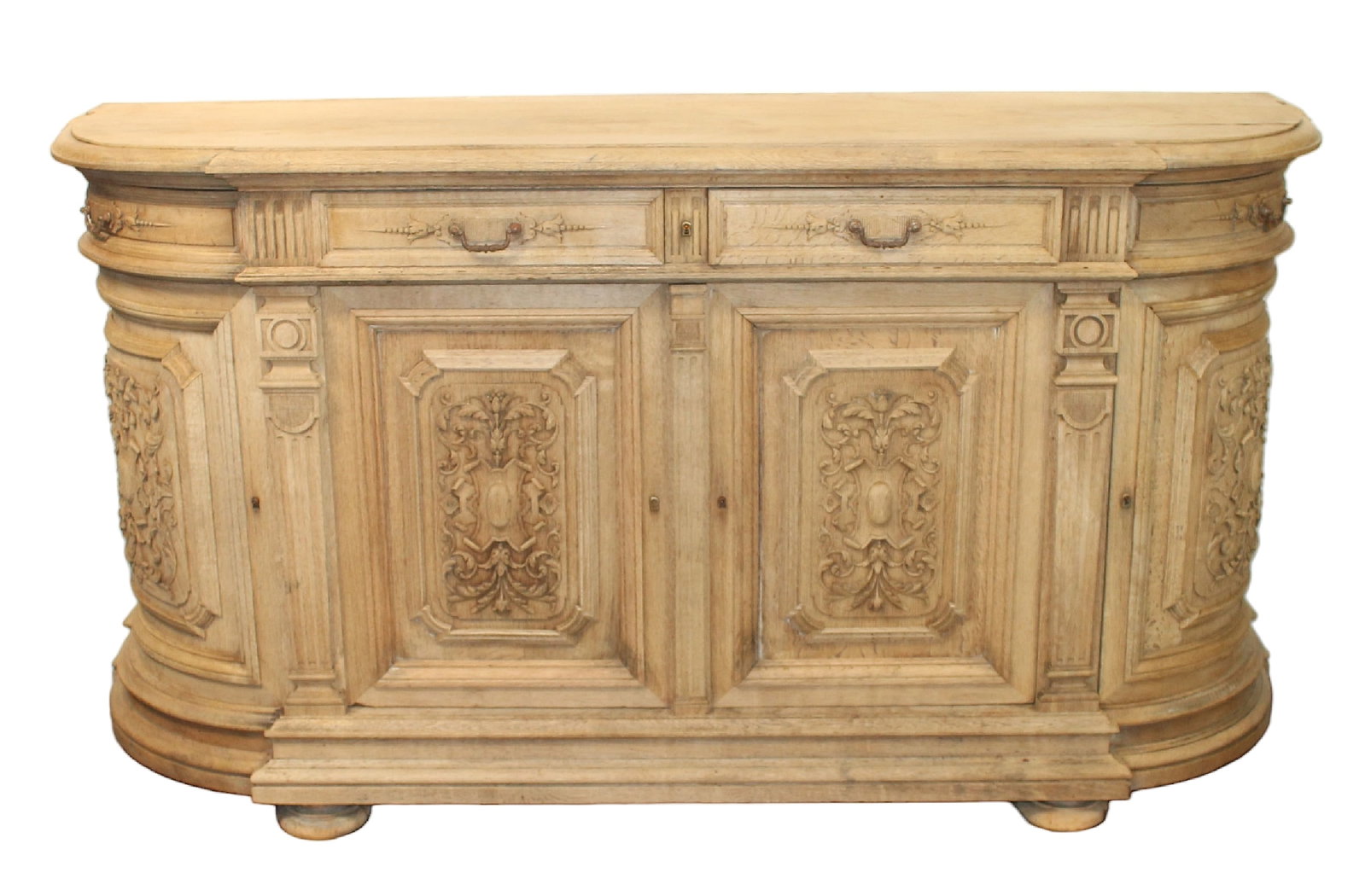 French Renaissance bleached oak curved enfilade: French Renaissance Revival bleached oak enfilade with curved sides. Late 19th century. 39 1/2"h x 75 1/4"l x 23"d
