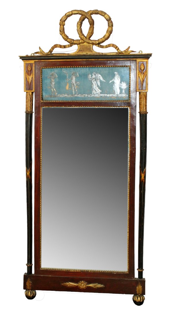 Italian neo-classical mirror with classical reverse painted panel: Italian neo-classical mirror with classical reverse painted panel and double wreath focal. 2 part mirror. 19th century. 65 1/2"h x 29 1/2"w