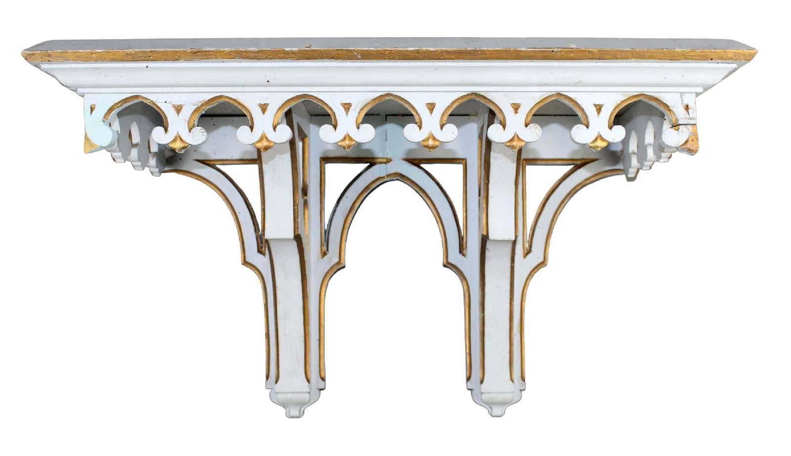 French Gothic Revival painted wall shelf: French Gothic Revival painted wall shelf. Mid 20th century. 14" h x 23 1/2" w x 14" d (approx)