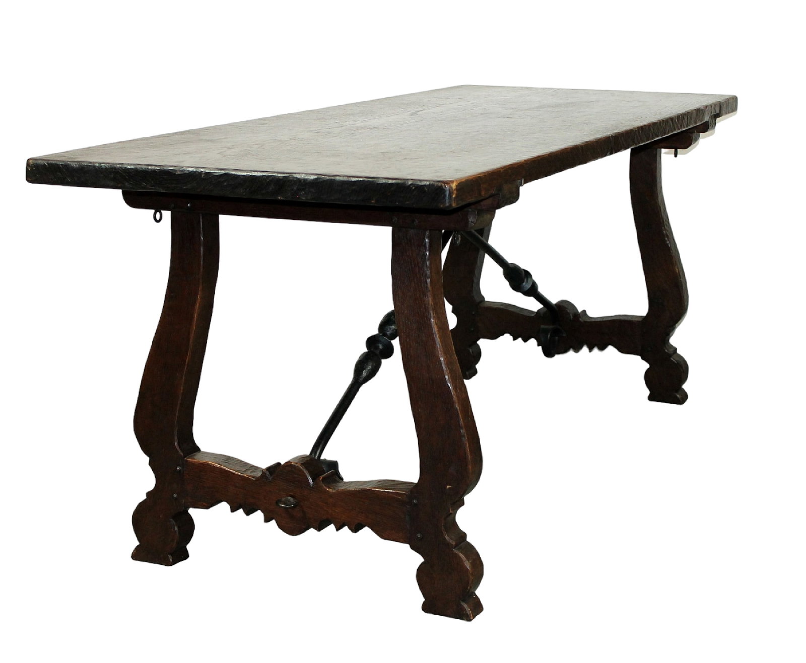 French oak trestle table with iron stretcher: French oak trestle table with iron stretcher. Mid 20th century. 31 1/2"h x 79"l x 31"w