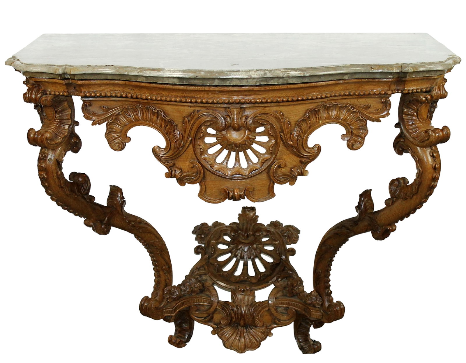French Rococo style wall mount console with marble top: French Rococo style wall mount console in carved oak with marble top. Late 19th century. 32 1/2" h x 39 1/2" w x 26 1/2" d