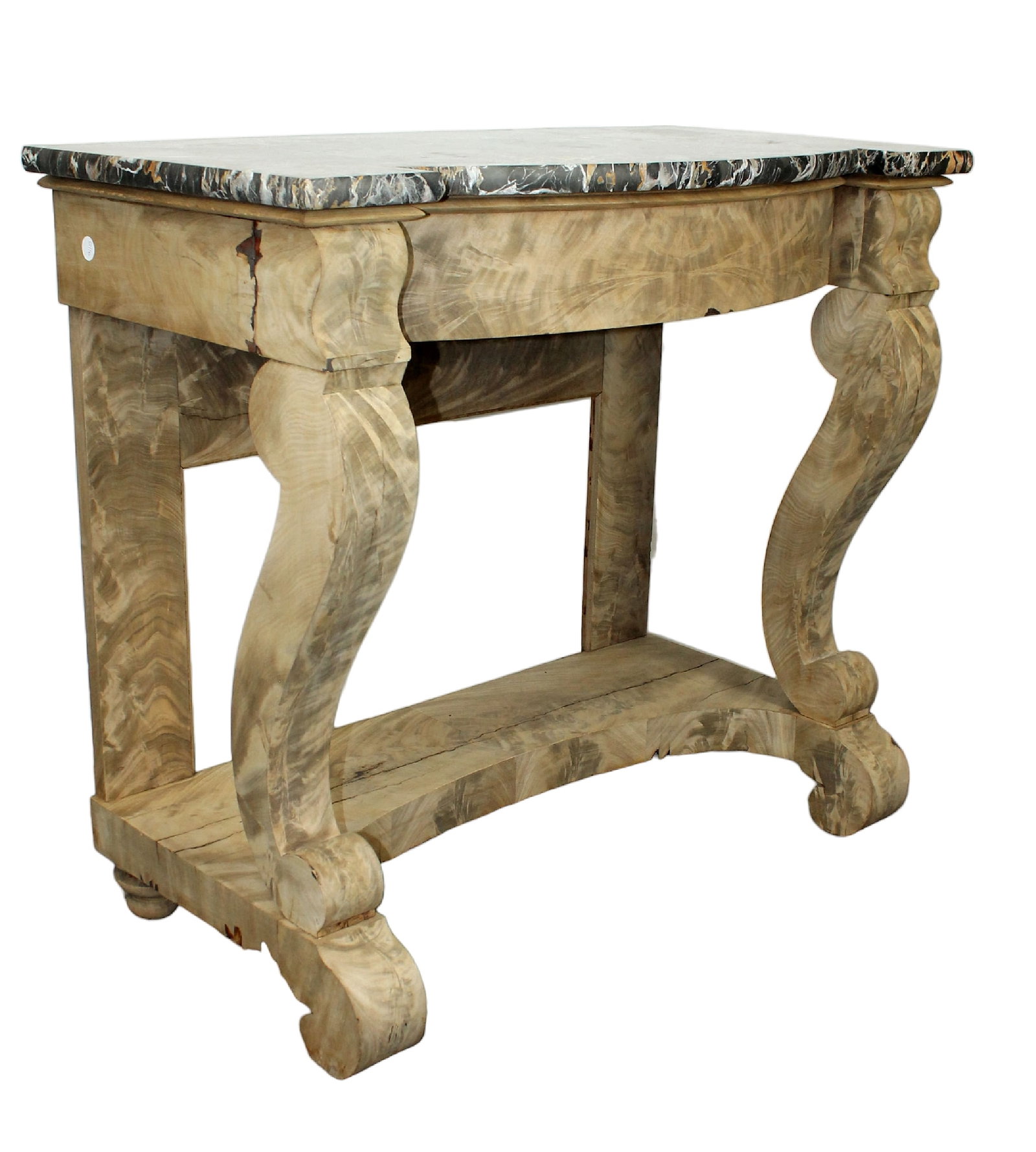 French Empire style console in bleached burled walnut with marble top: French Empire style console in bleached burled walnut with marble top. Late 19th century. 36 1/4"h x 40 1/2"w x 20 1/4"d