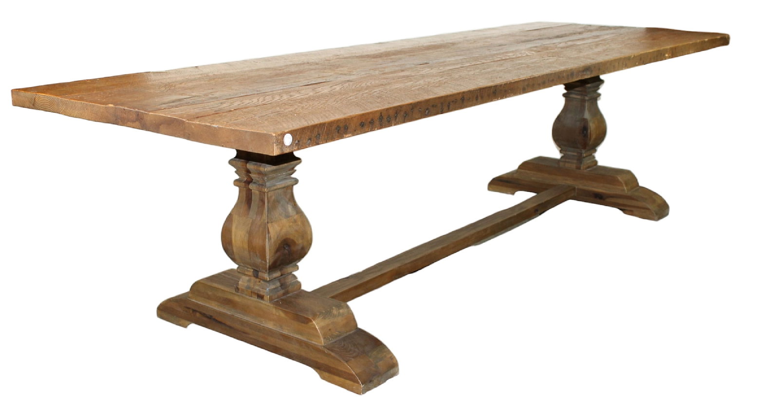 Approximately 10' leathered oak trestle table: Approximately 10' leathered oak trestle table 30 7/8" h x 118" w x 39" d