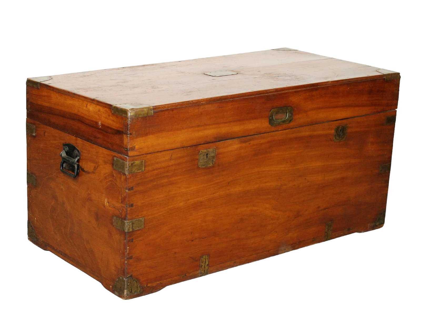 English mahogany campaign trunk with brass hardware: English mahogany campaign trunk with brass hardware. 19 1/2"h x 40 1/2"w x 20"d