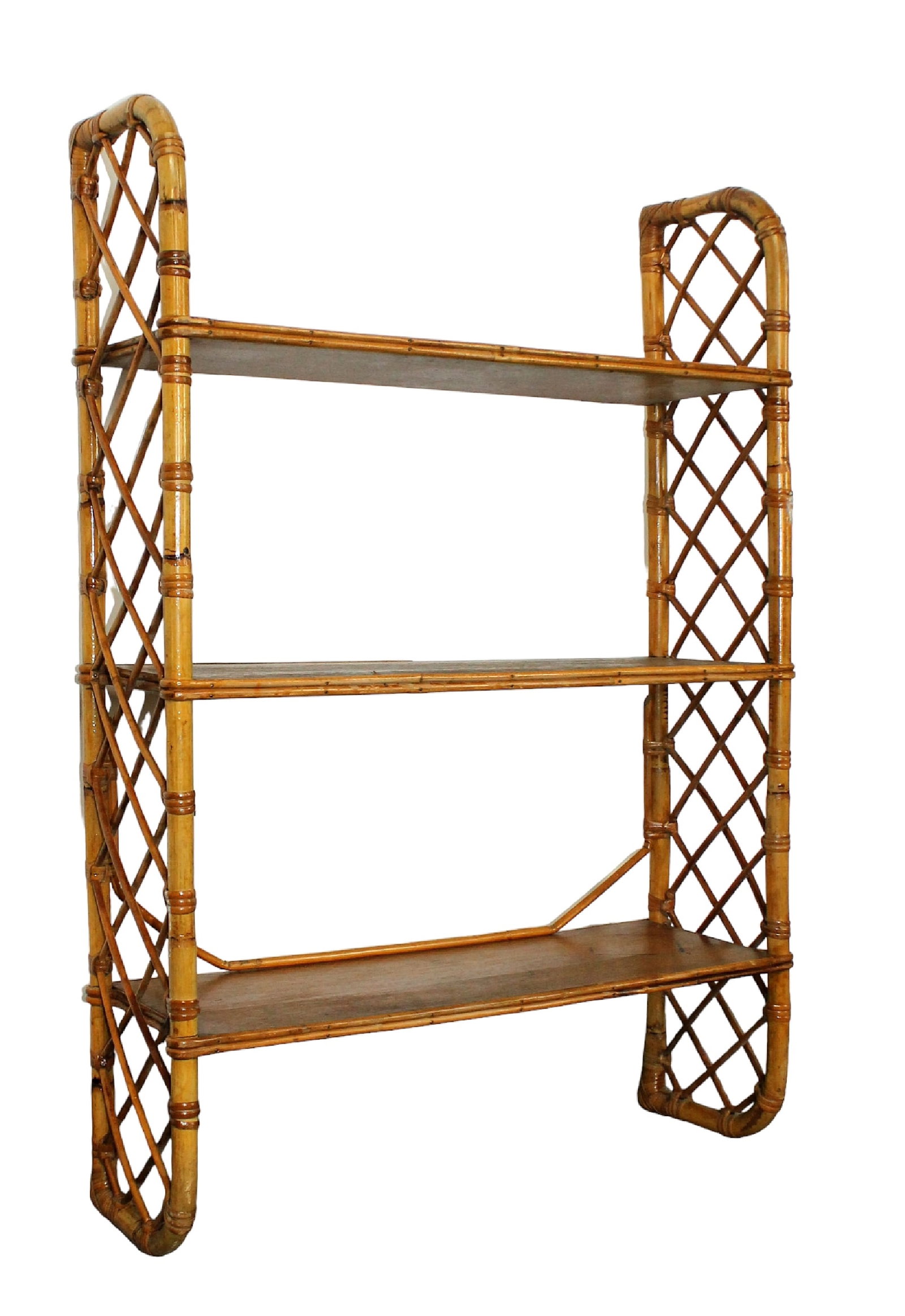 French bamboo wall mount etagere shelves: French bamboo wall mount etagere shelves with oak shelves. Mid 20th century. 37 1/8"h x 25 3/8"w x 8 1/8"d