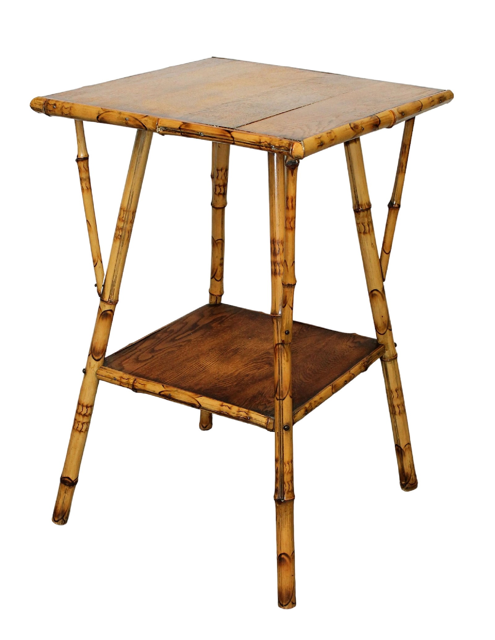 Aesthetic Movement bamboo & oak side table: Aesthetic Movement bamboo & oak side table. 29 1/2"h x 19"square