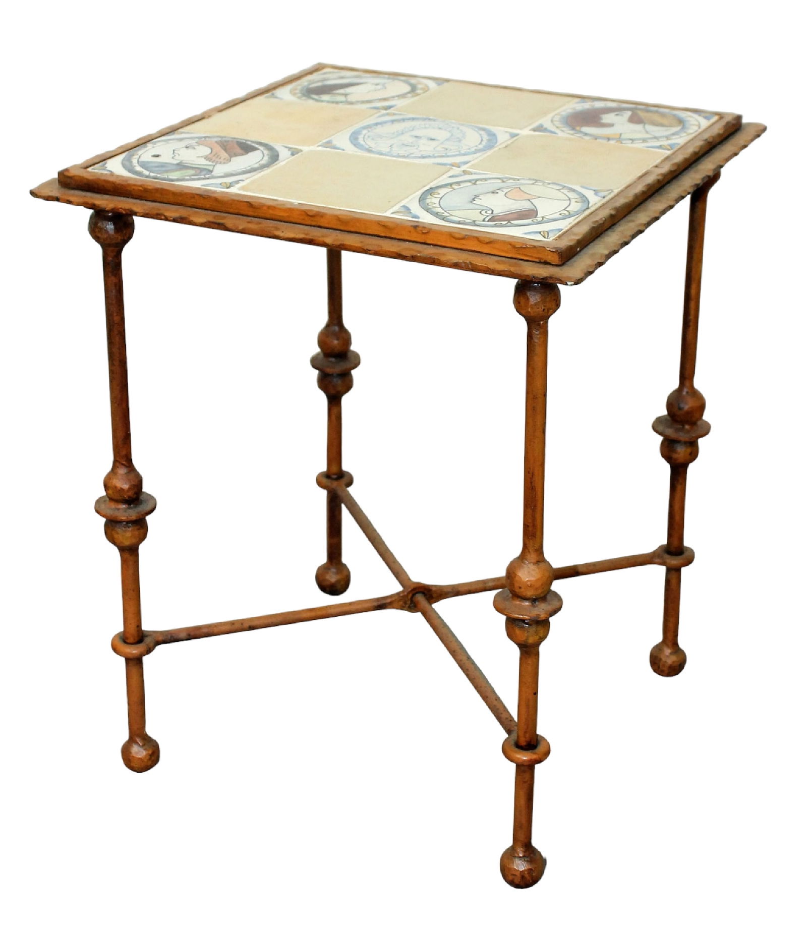 Italian side table in cast iron with tile top: Italian side table in cast iron with tile top. Mid 20th century. 17 1/2"h x 15" square