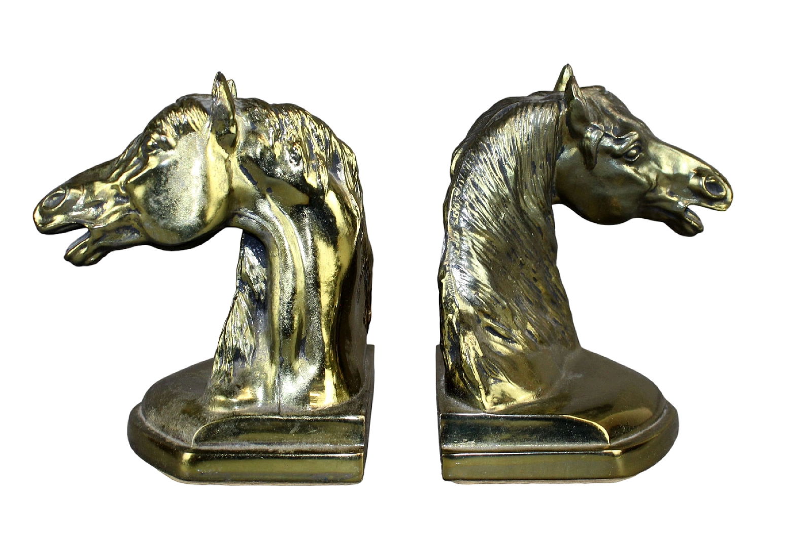 Pair of bronze clad horse head bookends: Pair of bronze clad horse head bookends. Mid 20th century. 6" h x 4 1/2" w x 5" d