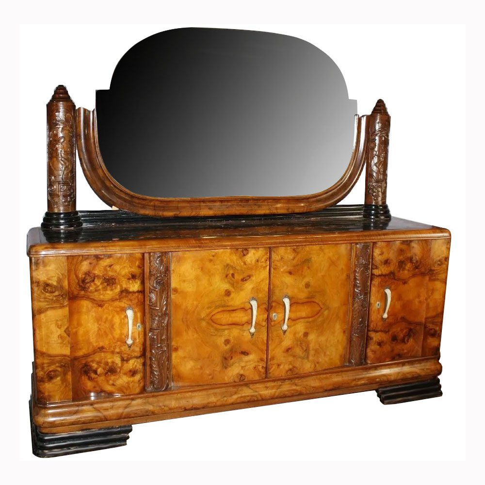 An unusual Italian Art Deco sideboard in burled olivewood with portero marble top and mirror: An unusual Italian Art Deco sideboard in burled olivewood with portero marble top and mirror. The mirror supports are relief carved with female figures. 73"h x 84.5"l x 21"d