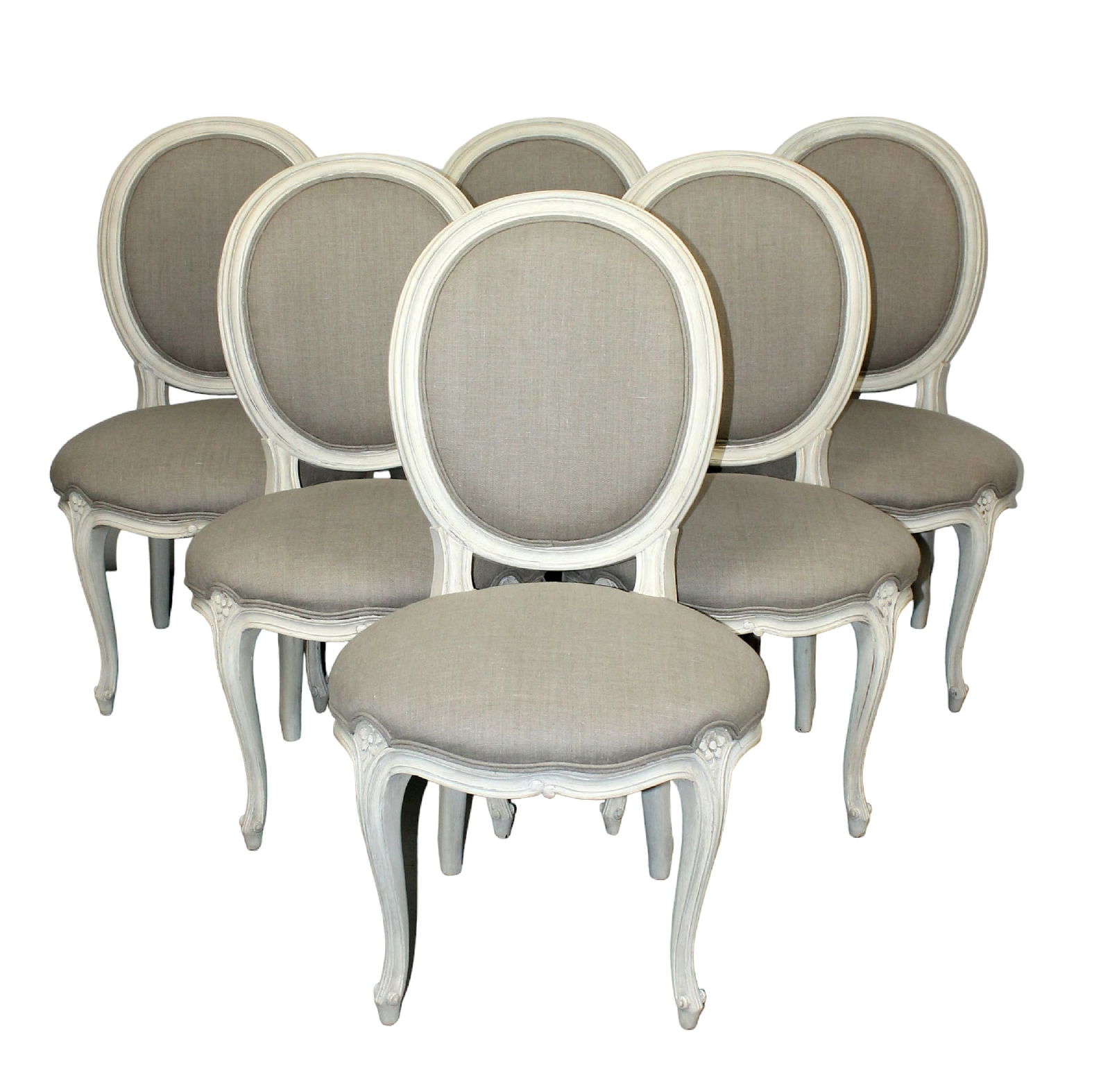 Set of 6 French balloon back dining chairs upholstered in linen: Set of 6 French balloon back dining chairs upholstered in linen. 37 1/2"h x 22"w x 20"d, seat height 18"