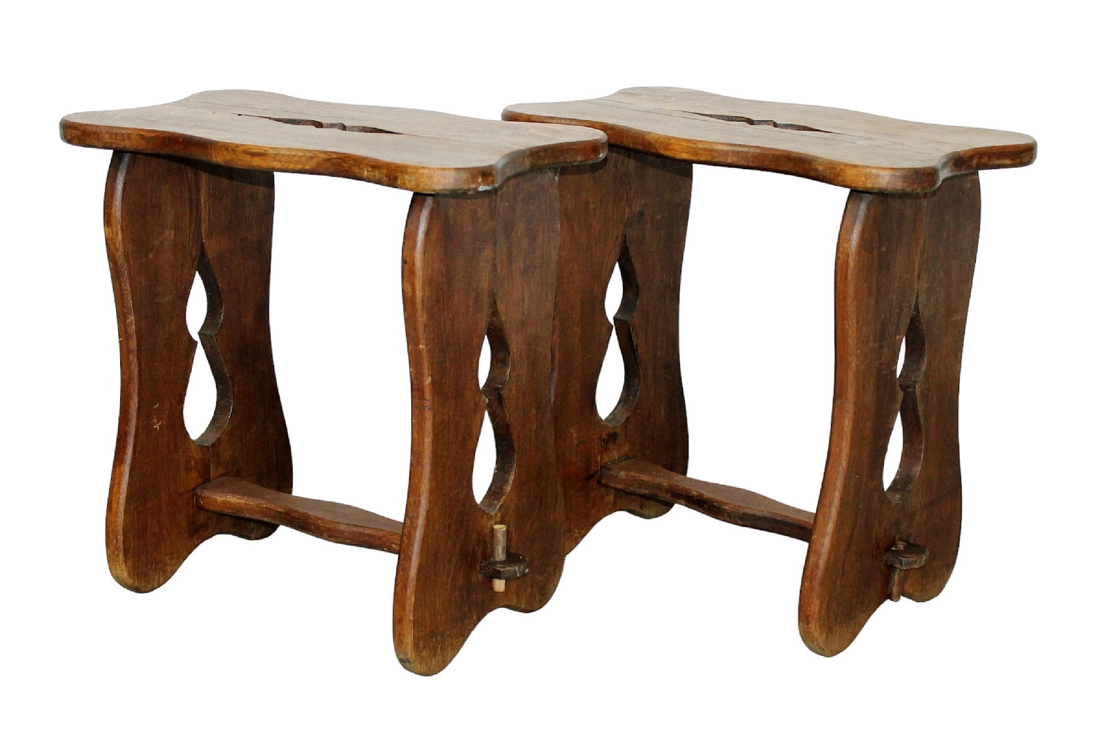 Pair French pub stools in oak: Pair French pub stools in oak. Early 20th century. 18 1/2"h x 18 3/4"w x 10 1/2"d