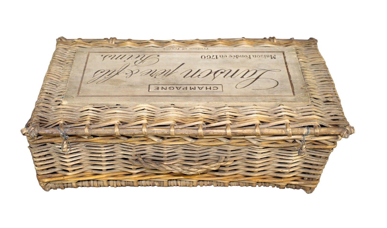 French Lanson pere & fils champagne wicker basket: French wicker basket with Lamson Pere & Fils Reims champagne label. Mid 20th century. 5 1/4" H x 16 1/4" W x 9" D