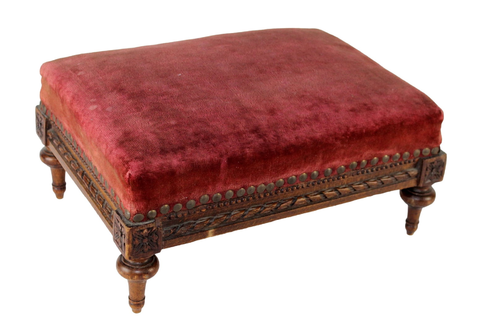 French Louis XVI style diminutive foot stool: French Louis XVI style diminutive foot stoolin walnut with upholstered top. Early 20th century. 7" h x 14" w x 10 1/8" d