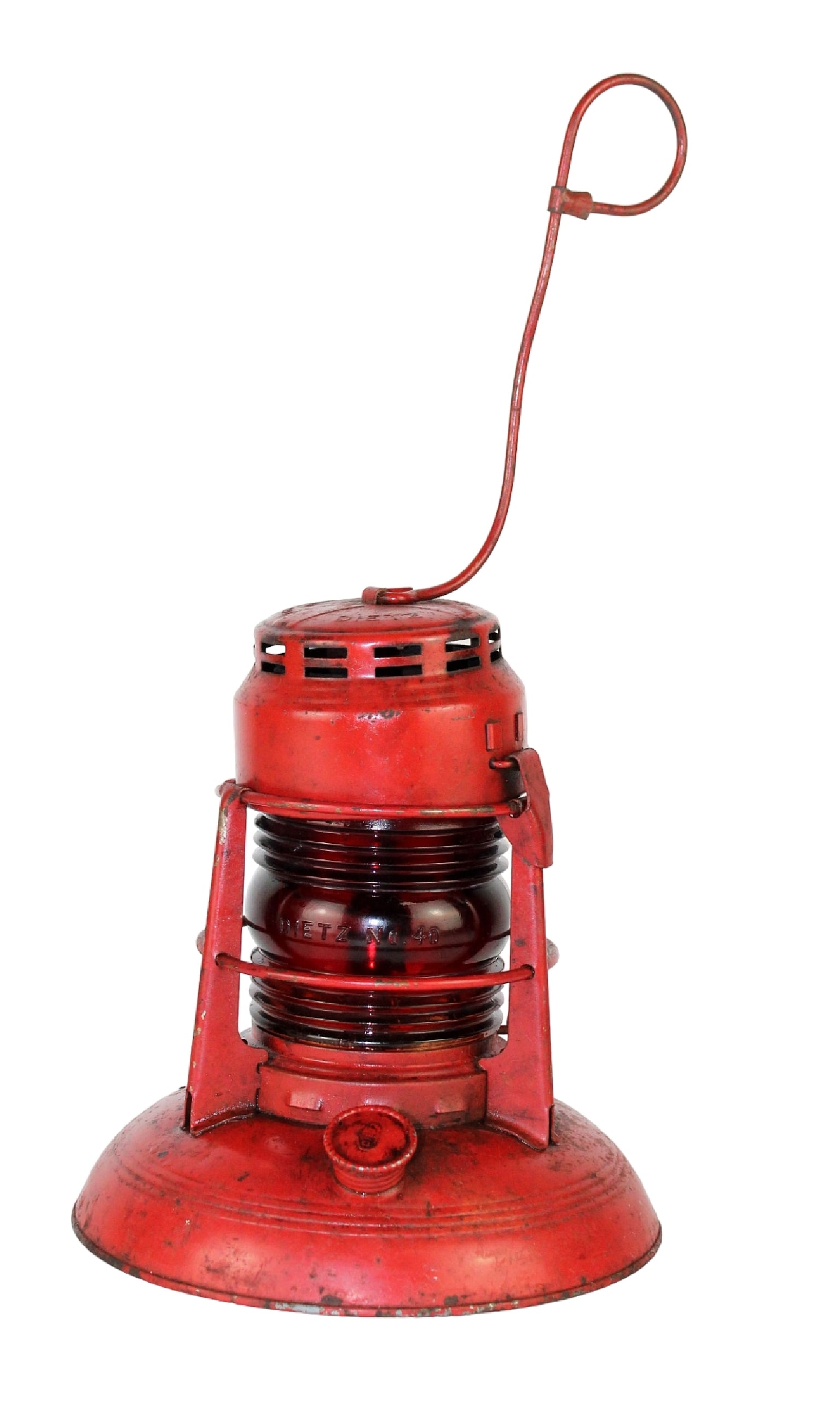 Vintage Dietz No. 40 kerosene traffic railroad lantern: Vintage Dietz No. 40 kerosene iron traffic railroad lantern painted red 8 1/4" h (with handle down) x 7 1/4" diam at base
