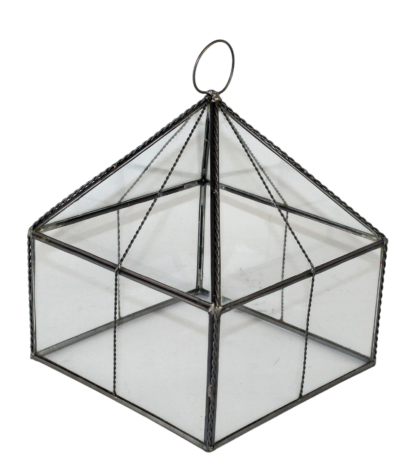 Braided steel & leaded glass garden cloche: Braided steel & leaded glass garden cloche. Modern. 11" h x 8 1/8" sq.