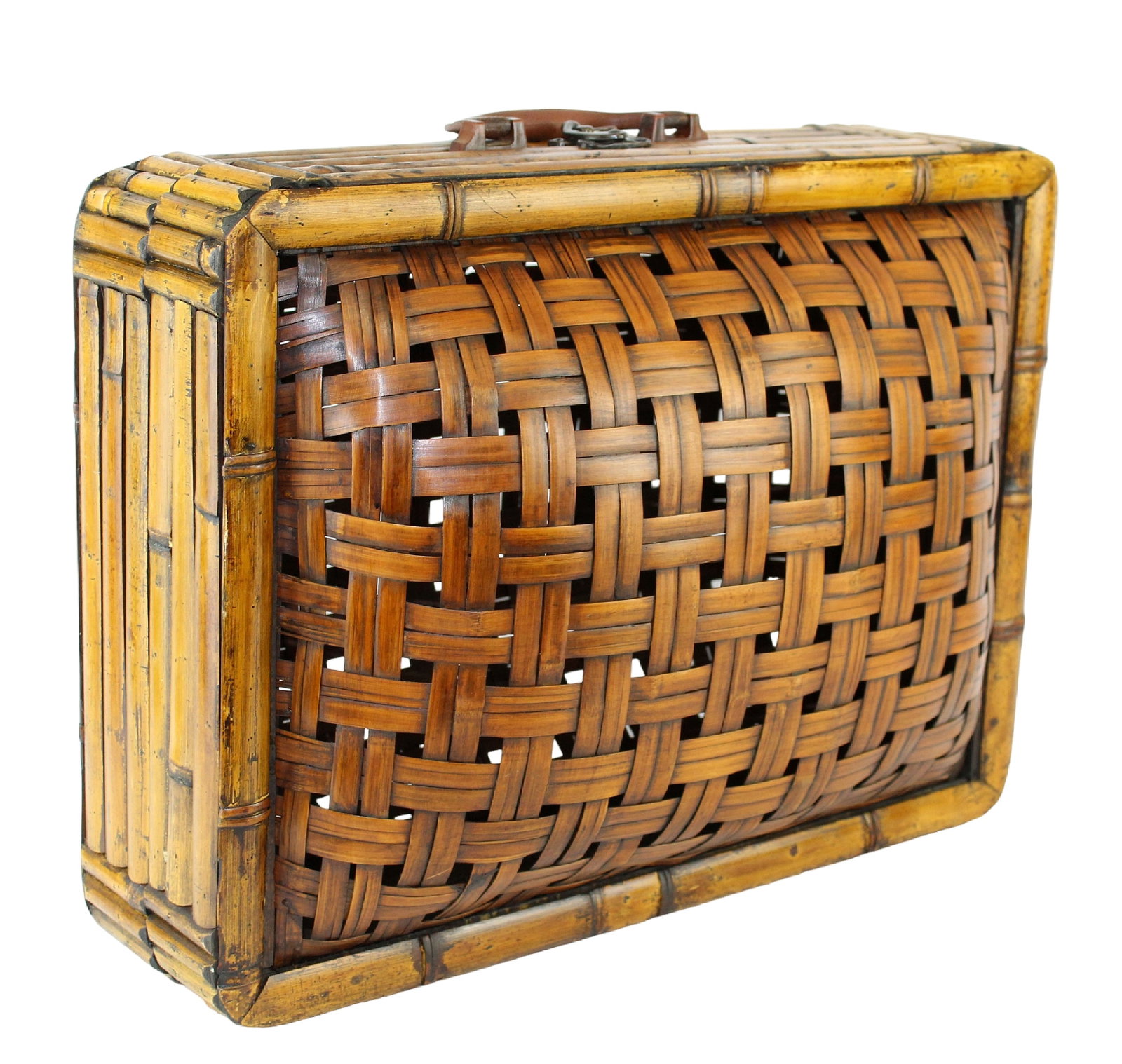 Vintage wicker and rattan suitcase: Vintage wicker and rattan suitcase. Laying down: 10 1/2" h x 19 1/4" w x 15" d