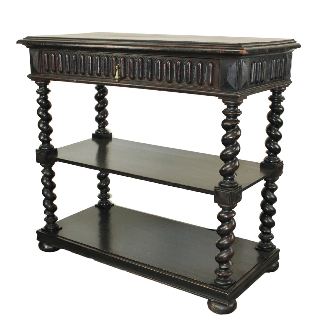 French barley twist tiered server in oak with a rubbed ebonized finish (1 of 8)