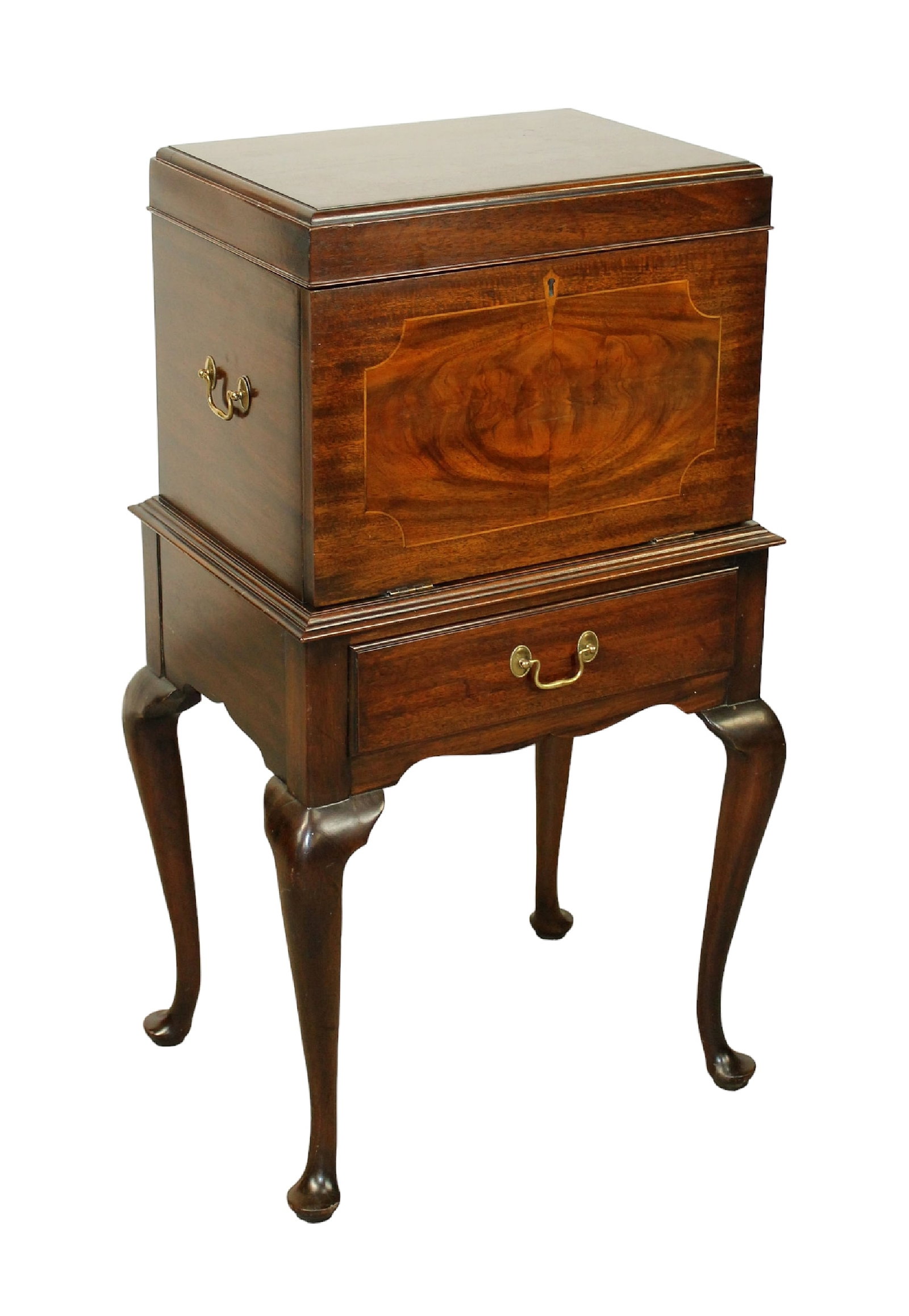 English mahogany cellarette on Queen Anne legs: English mahogany cellarette on Queen Anne legs. Late 20th century. 40"h x 20 1/2"w x 16"d