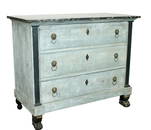 French Empire commode in painted finish with marble top and lion head pulls