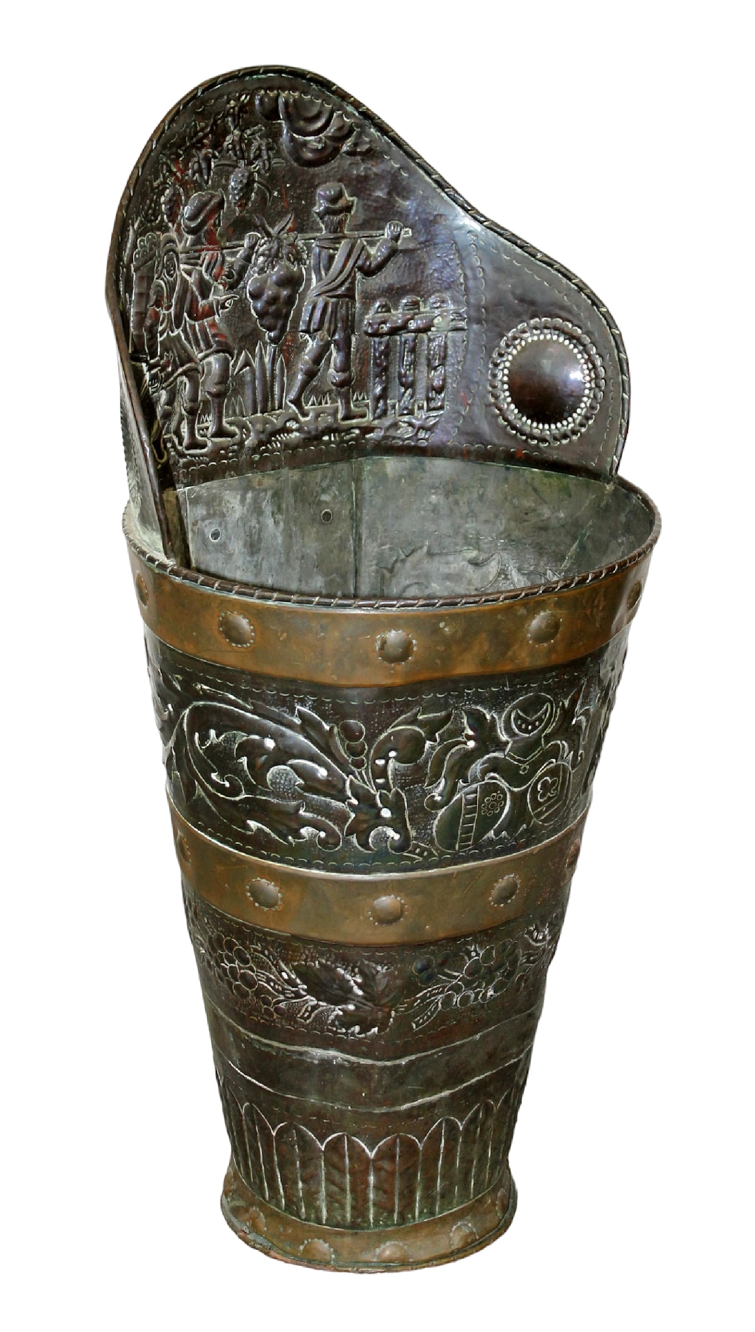 Bavarian embossed brass grape hotte with harvest scenes and knight's head (1 of 5)