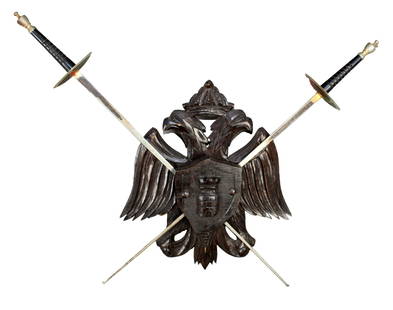 Crossed Swords Wall Hanging Knights Made in Spain Coat of Arms Wall Plaque  dark Wood