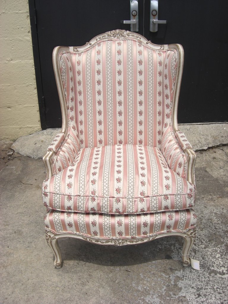 Meyer Gunther Martini Louis XV style bergere w/ s: upholstery on painted frame with gilt details. 43"h.