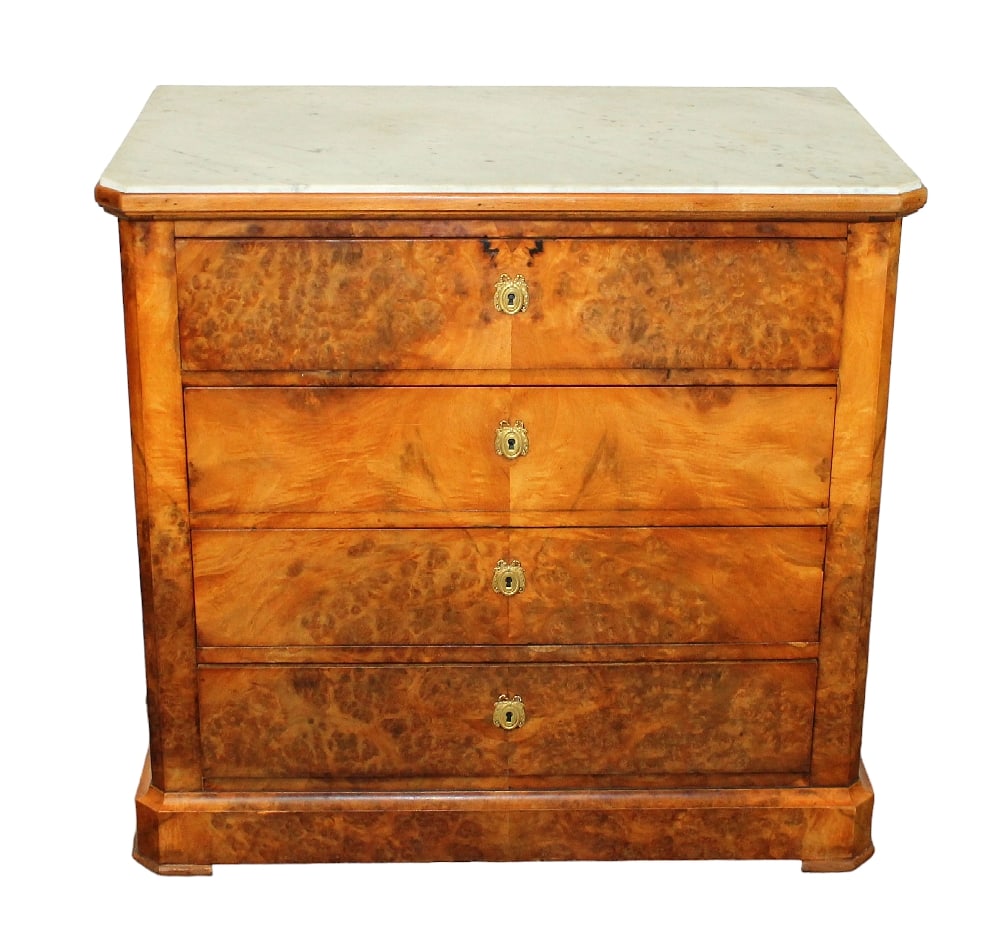 French Louis Philippe petite 4 drawer commode in burled walnut with marble top (1 of 9)
