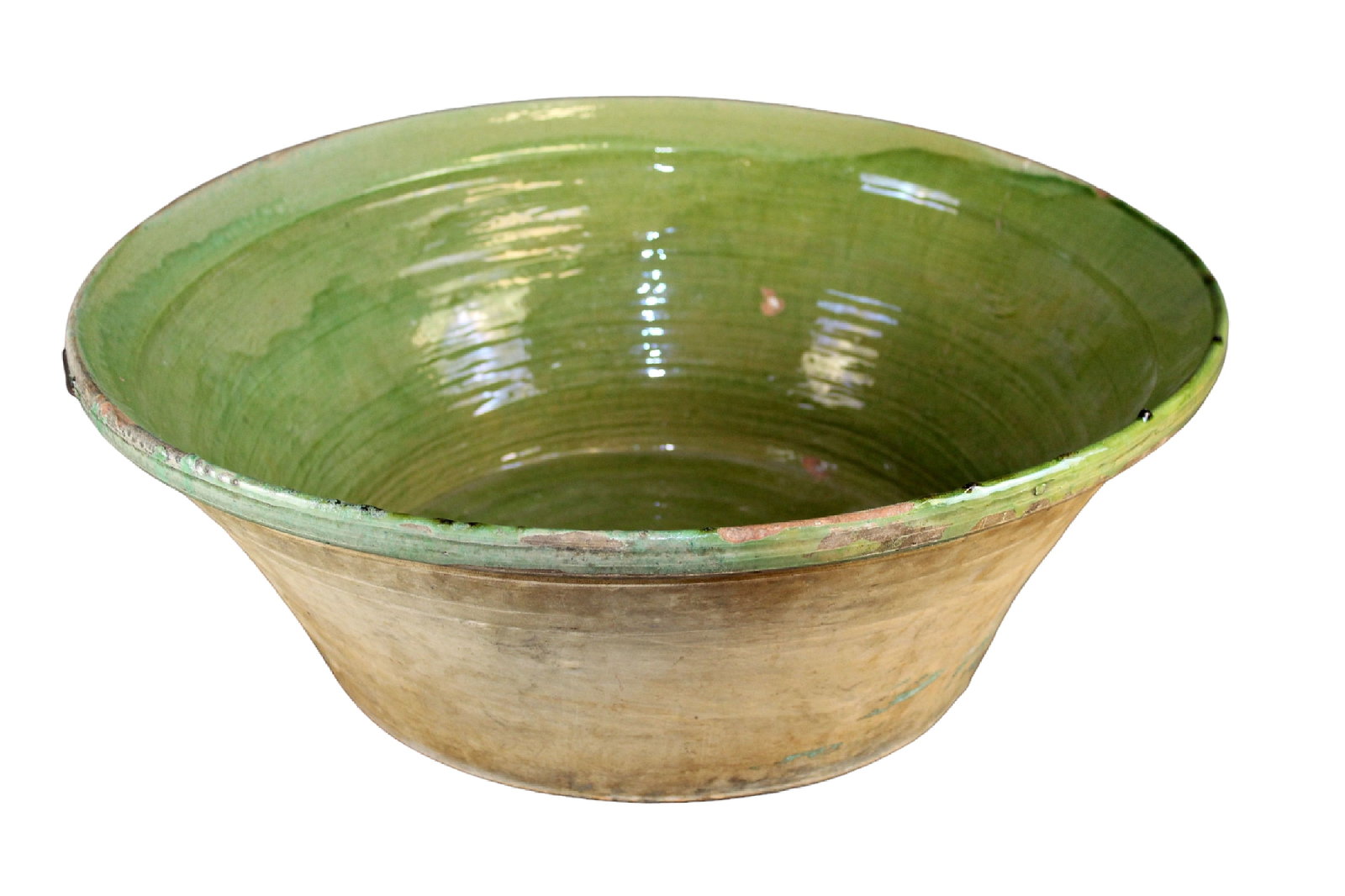 French glazed terra cotta tian bowl with old staple repair: French glazed terra cotta tian bowl with old staple repair. Early 20th century. 8"h x 20 1/2"w x 21 1/2"d