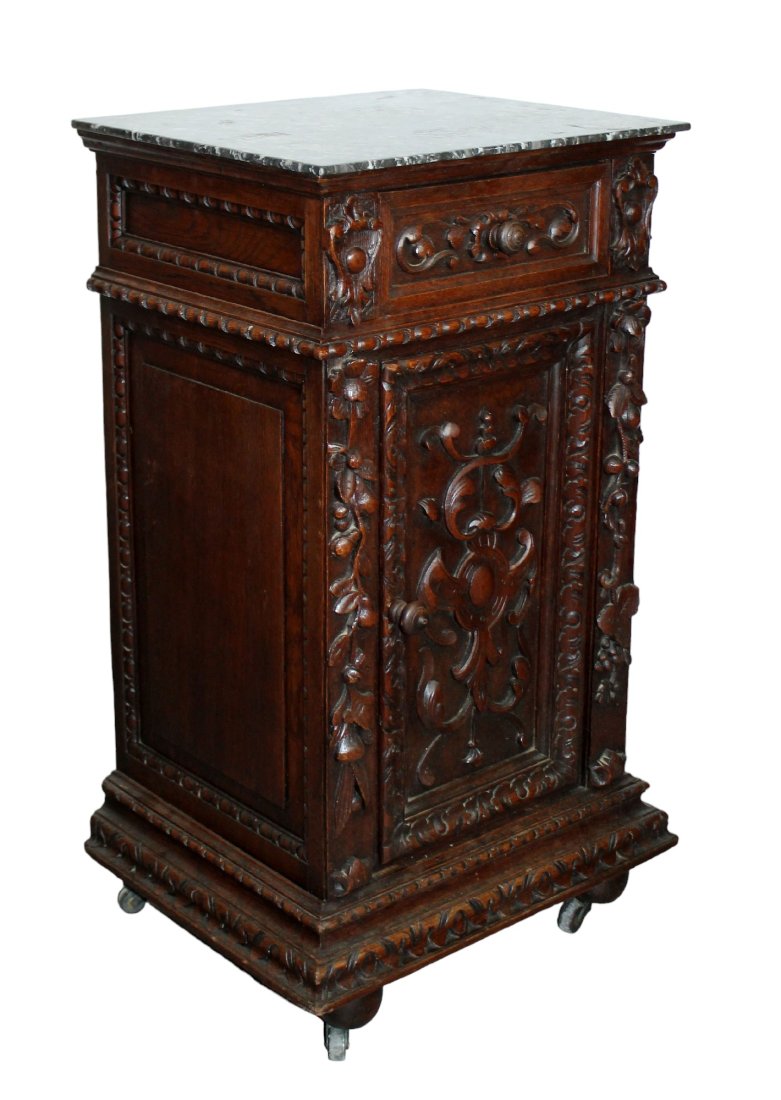 French carved oak night stand with marble top (1 of 7)