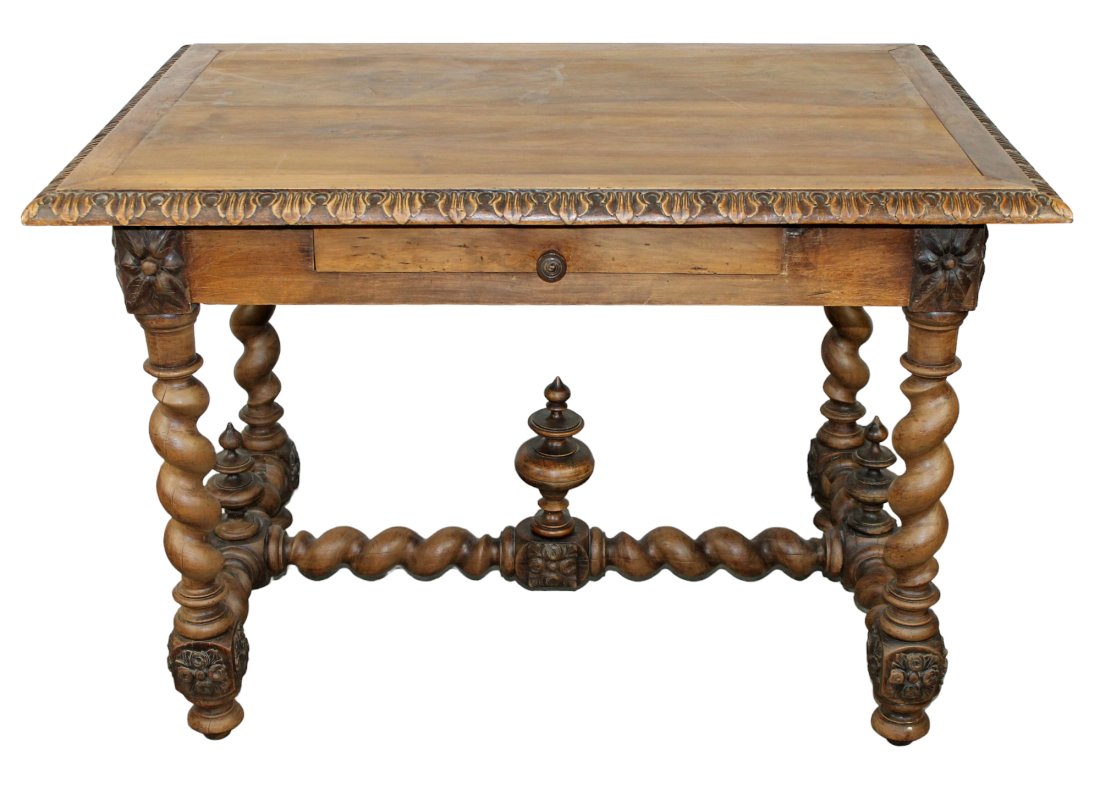 French bureau plat desk in walnut with barley twist stretcher and urn finials. Single drawer. (1 of 13)