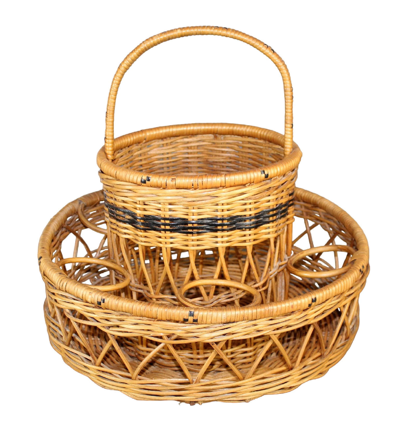 French wicker wine bottle picnic basket: French wicker wine bottle picnic basket. Mid 20th century. 16 1/4"h x 15" diameter