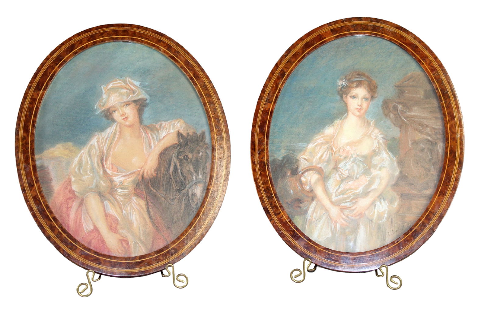 Pair of French pastel and pencil portrait drawings in oval frames (1 of 5)