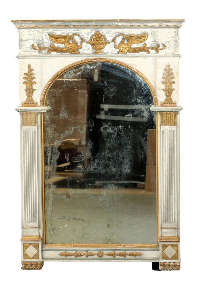 French Empire style trumeau mirror in painted pine with raised gilt swans (1 of 11)