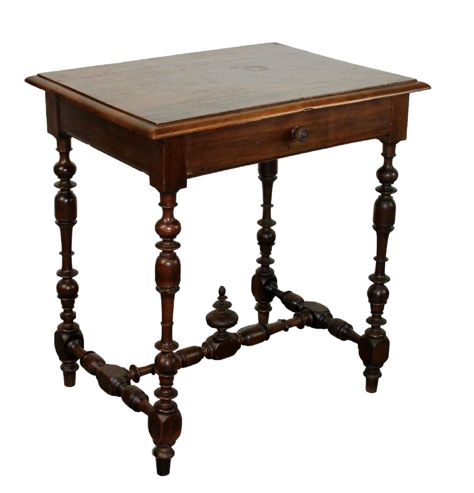 French side table in walnut on turned legs with single drawer (1 of 12)