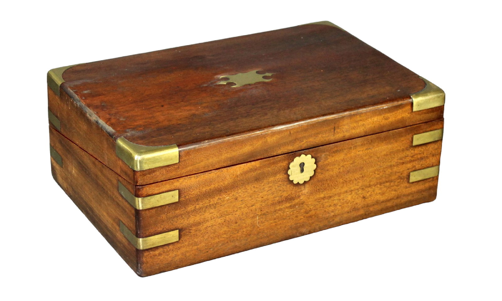 Antique campaign lap desk in mahogany with bronze trim and embossed leather (1 of 11)